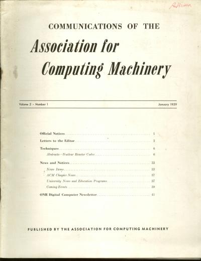 Item #B159 Communications of the Association for Computing Machinery, volume 2, no. 1, January 1959. ACM Assoc. for Computing Machinery.