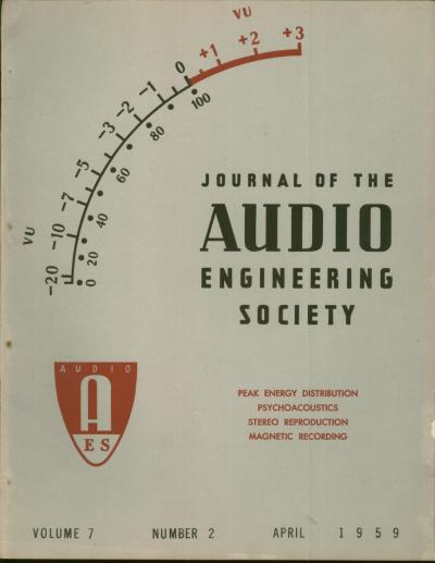 Item #B183 JAES volume 7, number 2, April 1959; cover stories - Peak Energy Distribution; Psychoacoustics; Stereo Reproduction; Magnetic Recording. Journal of the Audio Engineering Society.