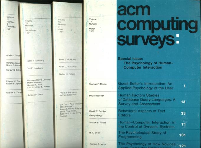 Item #B329 ACM Computing Surveys -- volume 13, numbers 1 through 4 inclusive, 1981 (four individual issues). Association for Computing Machinery.