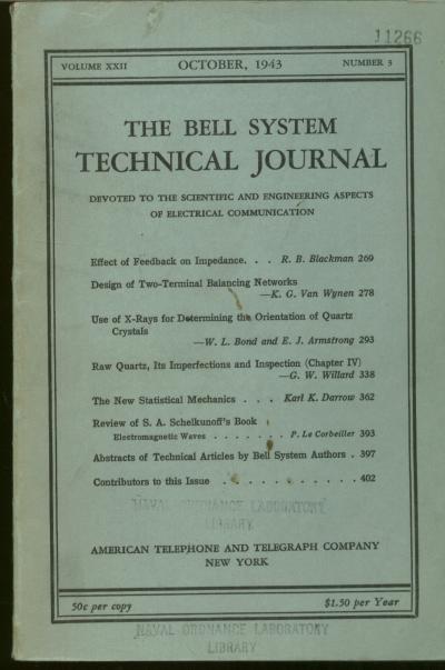 Item #B345 The Bell System Technical Journal volume XXII, number 3, October 1943. The Bell System Technical Journal.