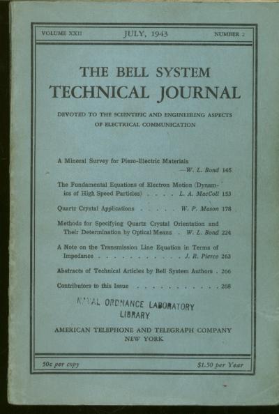 Item #B346 The Bell System Technical Journal volume XXII number 2, July 1943. The Bell System Technical Journal.