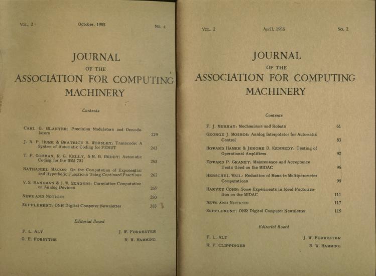 Item #B457 2 issues, Journal of the Association for Computing Machinery vol. 2, no. 2, April 1955; and vol 2 no. 4, October 1955. FL Alt, RF Clippinger J W. Forrester, RW Hamming.