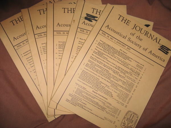 Item #B462 Lot of 5 issues 1957 Journal of the Acoustical Society of America, vol. 29 nos. 1, 2, 5, 6, 7 (January, February, May, June, July 1957). Licklider, Hartley, authors, var. The Journal of the Acoustical Society of America.