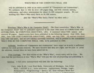 Item #B542 Who's Who in the Computer Field, one-page entry form, 1956, for Computers and...