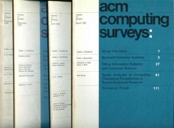 Item #B553 ACM Computing Surveys volume 12, no. 1 through no. 4, 1980 complete year, 4 individual issues; March 1980, June 1980, September 1980, December 1980. Association of Computing Machinery.