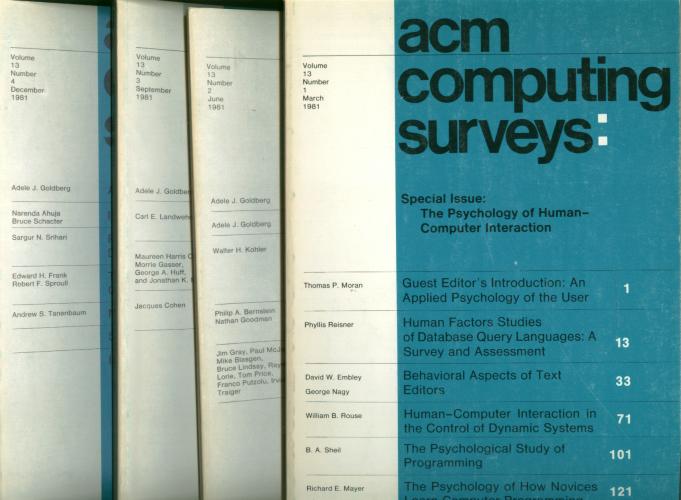 Item #B554 ACM Computing Surveys volume 13, no. 1 through no. 4, 1981 complete year, 4 individual issues; March 1981, June 1981, September 1981, December 1981. Association of Computing Machinery.