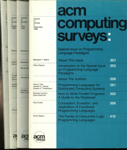 Item #B563 ACM Computing Surveys, 4 individual issues, complete year 1989; Volume 21 nos. 1-4, March, June, September, December 1989. Association for Computing Machinery.