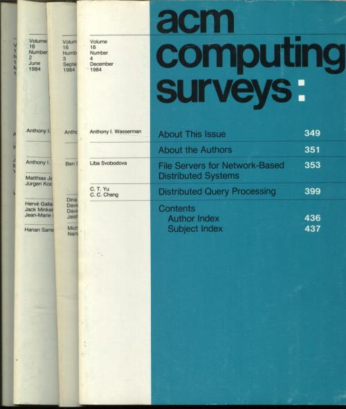 Item #B564 ACM Computing Surveys, four individual issues, complete year 1984; Volume 16 nos. 1-4, March, June, September, December 1984. Association for Computing Machinery.
