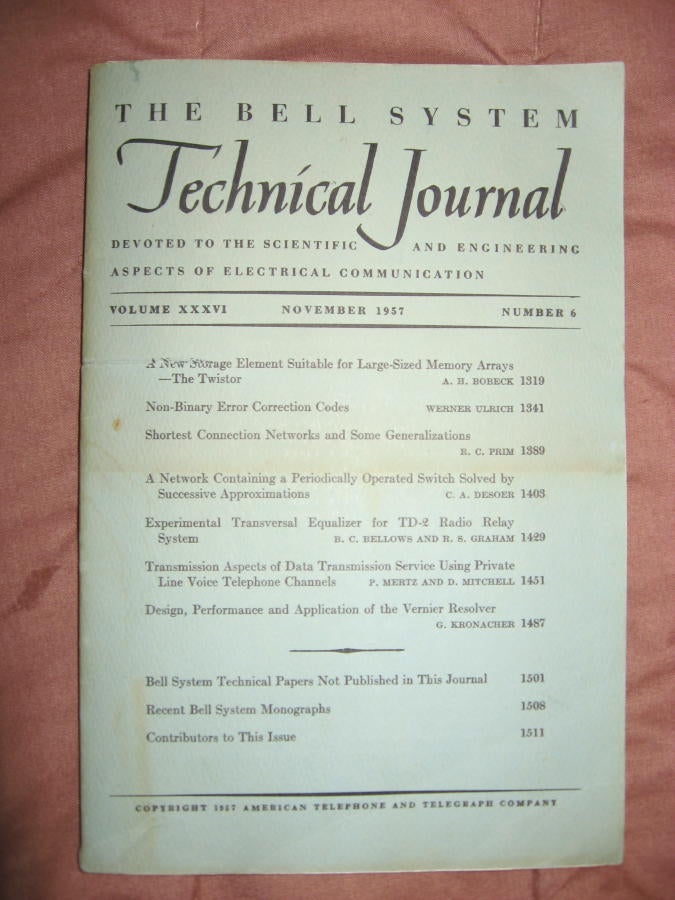 Item #B723 Bell System Technical Journal Volume XXXVI Number 6 November 1957 ; Vol 36 No. 6. Bell System.
