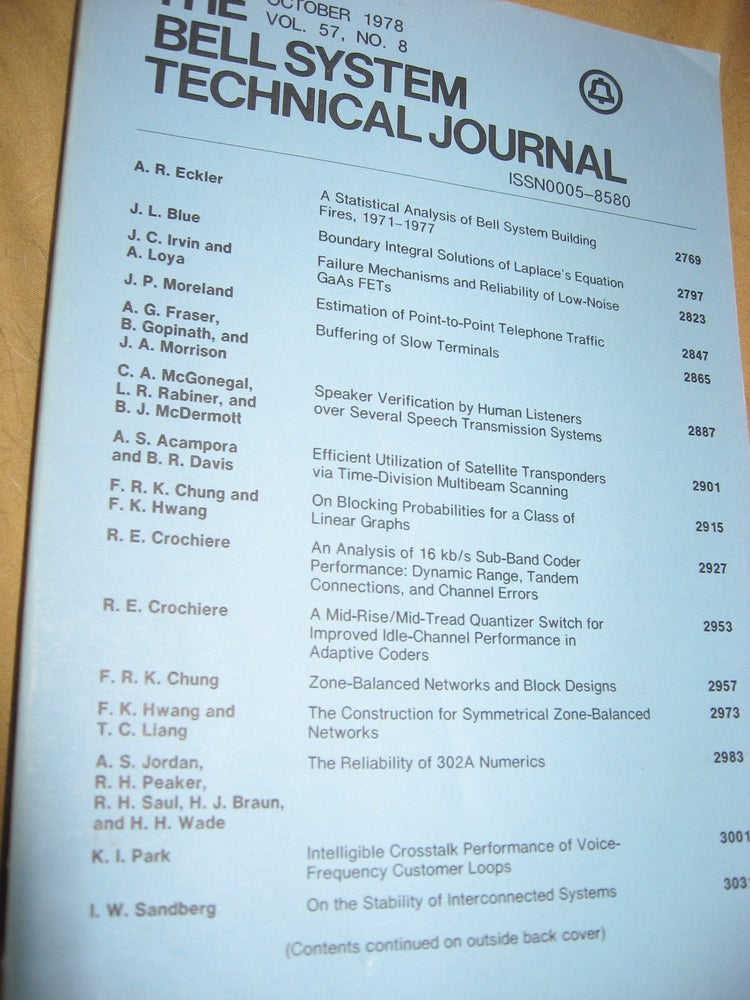 Item #B763 The Bell System Technical Journal October 1978 vol 57 no. 8, individual issue. AT&T BSTJ.