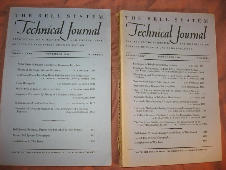 Item #B776 The Bell System Technical Journal 1956 LOT of 2 individual issues, volume XXXV numbers 5, 6; September 1956, November 1956. AT& T. BSTJ.