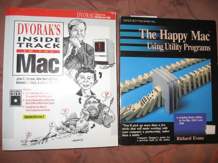 Item #C3162 Lot of 2 books -- 1) The Happy Mac using utility programs (Richard Evans) 2) Dvorak's Inside Track to the Mac with disk. Richard Evans, John Dvorak.