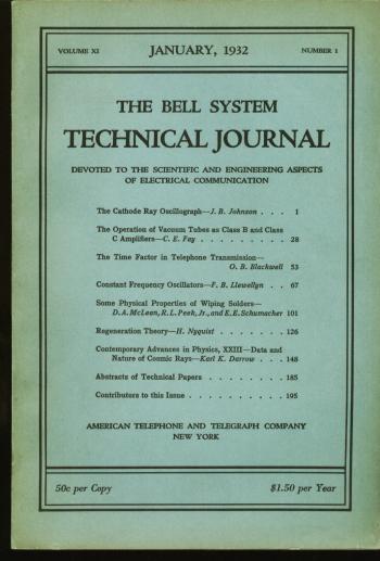 Item #C3163 Regeneration Theory (H Nyquist] ,in, The Bell System Technical Journal volume XI no. 1 January 1932. Harry Nyquist, The Bell System Technical Journal.