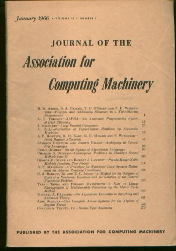 Item #C3165 Journal of the ACM [JACM] Volume 13, Number 1, January 1966. Number 1 Journal of the ACM Volume 13, January 1966, JACM.