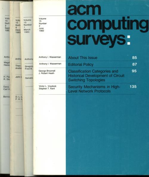 Item #C3274 ACM Computing Surveys, 4 individual issues, complete year 1983; Volume 15 nos. 1-4, March, June, September, December 1983. Association for Computing Machinery.