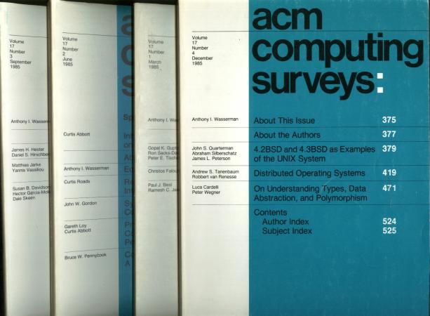 Item #C810994 ACM Computing Surveys volume 17, no. 1 through no. 4, 1985 complete year, 4 individual issues; March 1985, June 1985, September 1985, December 1985. Association of Computing Machinery.