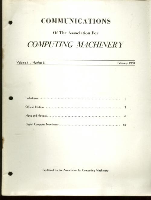 Item #C811059 volume 1 number 2, February 1958, Communications of the Association for Computing Machinery, single issue. Communications of the ACM.