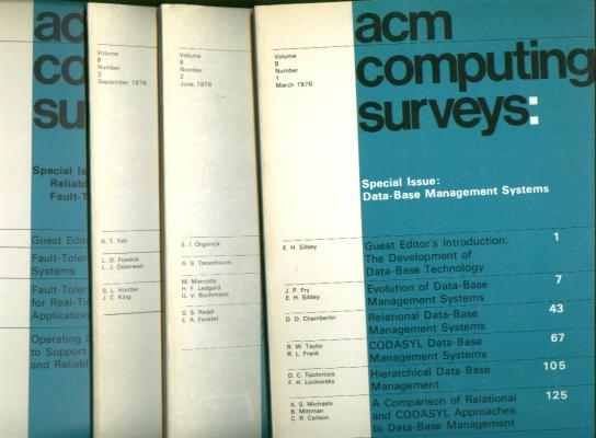 Item #C811104 ACM Computing Surveys 1976 full year, 4 individual issues, Volume 8 nos. 1 - 4, March, June, September, December 1976. Association for Computing Machinery ACM Computing Surveys 1976.