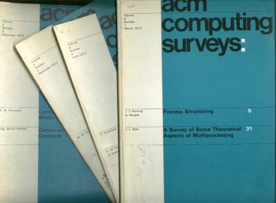 Item #C811114 ACM Computing Surveys, volume 5 nos. 1 - 4, March 1973, June 1973, September 1973, December 1973 complete year, individual issues. ACM Computing Surveys Association of Computing Machinery ACM.