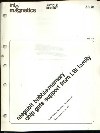 Item #K6272 Megabit bubble-memory chip gets support from LSI family, article reprint from, Electronics April 1979. Bryson Intel, Dick Clover, Don, Dave Lee / Electronics 1979.