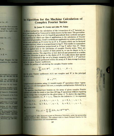 Item #K6279 An Algorithm for the Machine Calculation of Complex Fourier Series, in , Mathematics of Computation vol 19 1965. James W. Cooley, Mathematics of Computation vol 19 1965 John W. Tukey.
