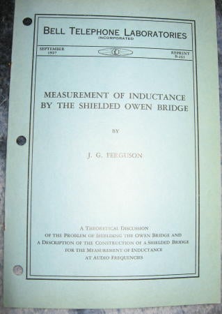 Item #M492 Measurement of Inductance by the Shielded Owen Bridge. J. G. Ferguson.