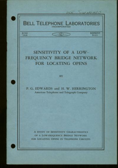 Item #M508 Sensitivity of a low-frequency Bridge Network for locating Opens, Bell Telephone Laboratories Monograph reprint B-321. P. G. Edwards, h w. herrington.