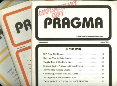 Item #M699 Pragma, 3 individual issues -- Premier Issue August 1982; August 1983; February 1984. Pick operating system Pragma, Semaphore Corporation publication.