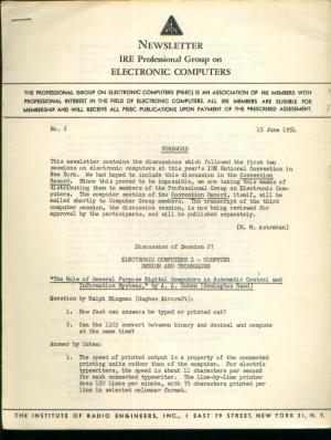 Item #M773 Newsletter, No. 5, 15 June 1954, Newsletter of the IRE Professional Group on...