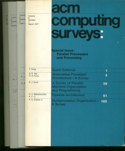 Item #M979 ACM Computing Surveys, volume 9 nos. 1 through 4 inclusive, 1977 full year, 4 individual issues. Association for Computing Machinery.
