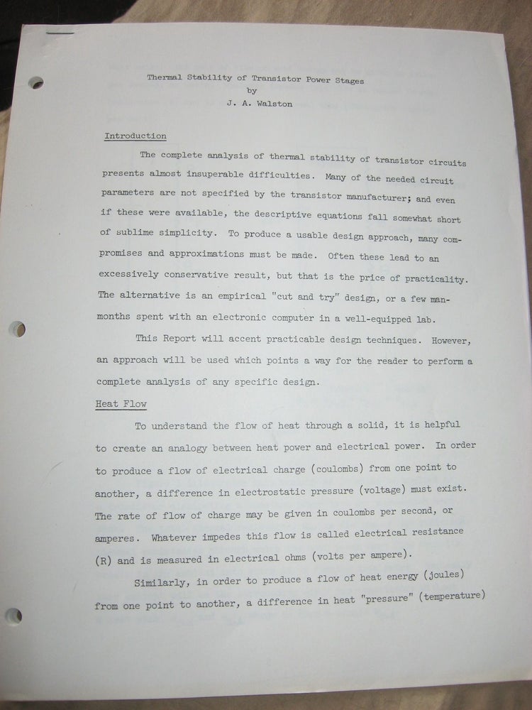 Item #R222 Thermal Stability of Transistor Power Stages, xerox copy from typed manuscript, no date. J. A. Walston.