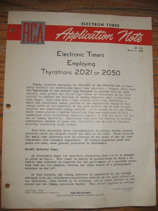 Item #R338 Electronic Timers Employing Thyratrons 2D21 or 2050, AN-131, March 1, 1948. Electron...