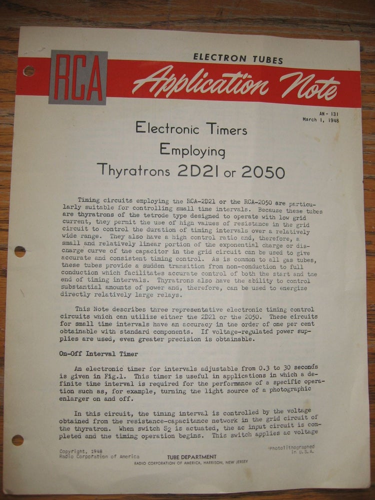 Item #R338 Electronic Timers Employing Thyratrons 2D21 or 2050, AN-131, March 1, 1948. Electron Tubes RCA Application Notes.
