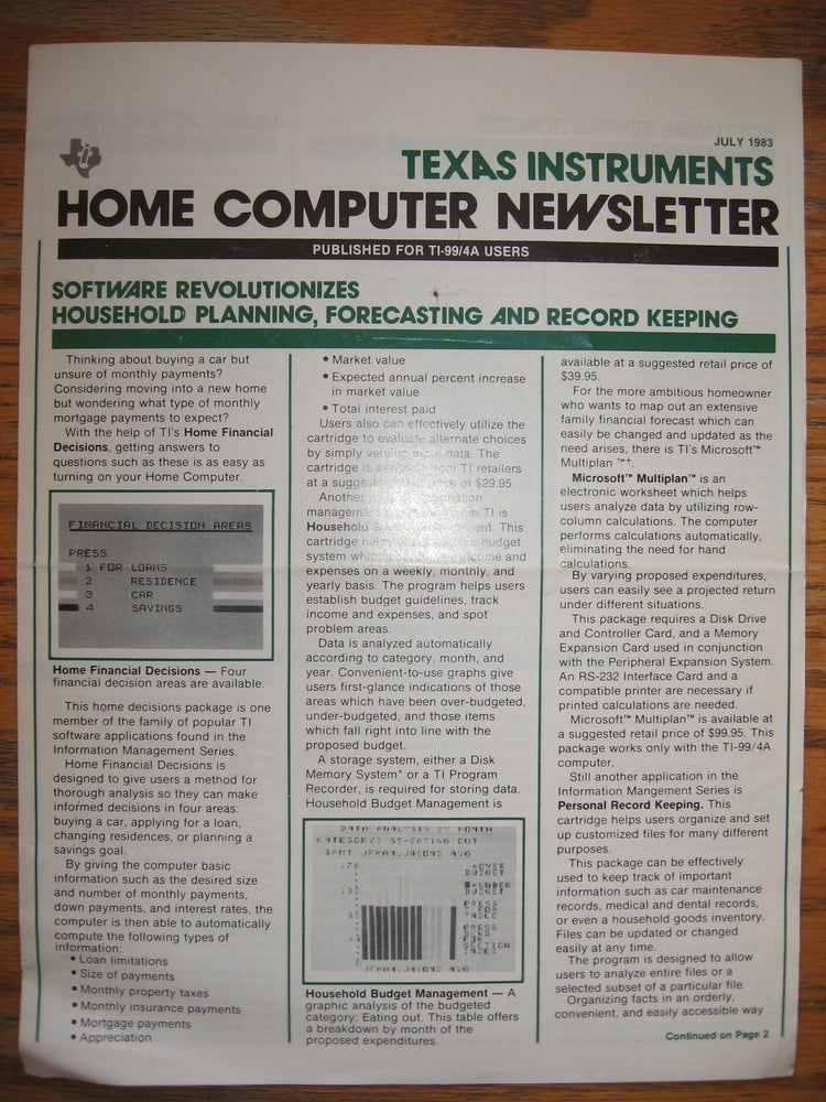 Item #R381 Home Computer Newsletter, TI Texas Instruments, July 1983. Texas Instruments.