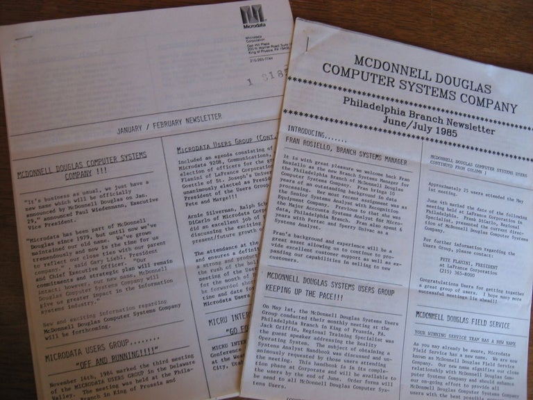 Item #R488 2 newsletters, January-February 1985, and June-July 1985 (Philadelphia Branch) one announcing Microdata/McDonnell Douglas. Microdata, McDonnell Douglas Computer Systems Company and.