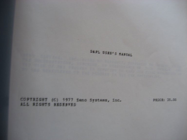 Item #R534 DAPL User's Manual, 1977, microprogramming for the AMD 2900, the Fairchild 9400 Macrologic, and the Motorola 10800 4-bit microprocessors. Zeno Systems.