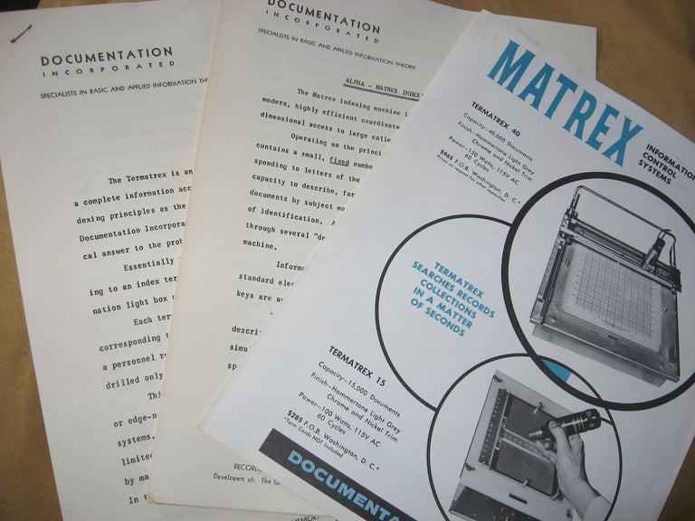 Item #R541 3 items -- Matrex Tematrex 40 and Termatrex 15, sales brochure, Specifications sheets, Alpha Matrex Indexing Machine. Documentation Incorporated.